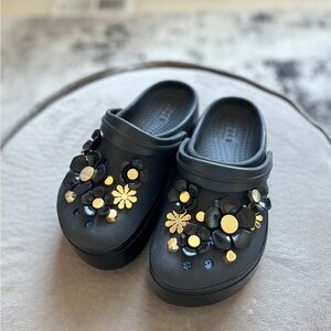 CROCS Black and Gold Floral Slippers